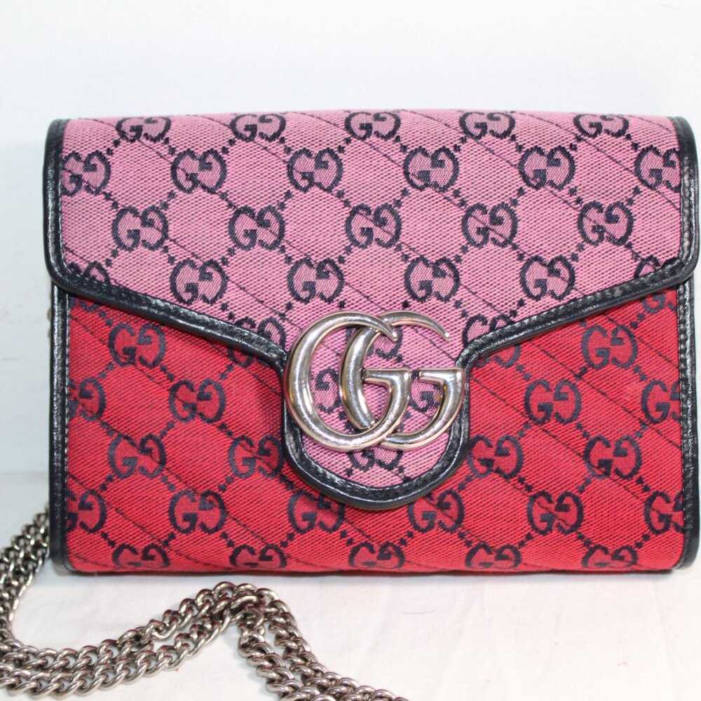 GUCCI NEW CANVAS GG Red Pink Marmont Wallet WOC Crossbody Shoulder Bag 474575